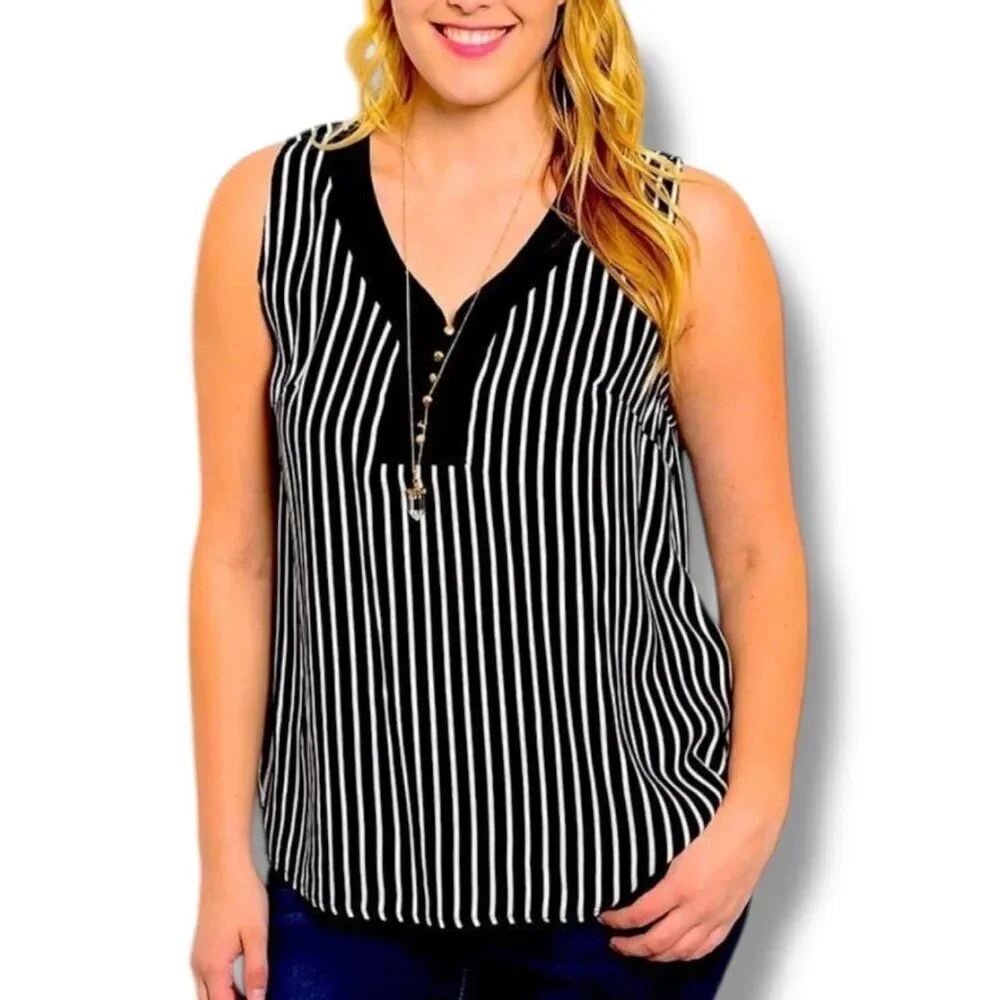 Plus V Neck Gold Button Elongated Black White Striped Blouse NWT